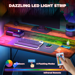 HOMCOM Computer Table with LED Lights, Gaming Desk with Shelf, Rustic Brown