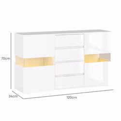 HOMCOM LED Sideboard, High Gloss Storage Cabinet with 4 Drawers, White