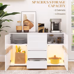 HOMCOM LED Sideboard, High Gloss Storage Cabinet with 4 Drawers, White
