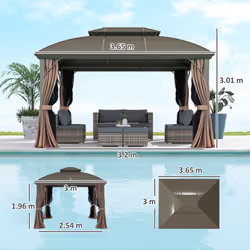Outsunny 3.65 x 3(m) Aluminium Outdoor Gazebo w/ Hardtop Double Roof, Coffee - Additional view 4