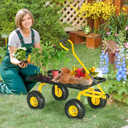 Garden Trolley Cart with Pneumatic Wheels and Rotating Handle, Yellow