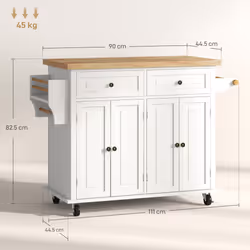 HOMCOM Rolling Kitchen Island Cart with Rubber Wood Top, Spices Cream White