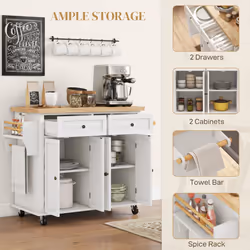 HOMCOM Rolling Kitchen Island Cart with Rubber Wood Top, Spices Cream White - Additional view 5