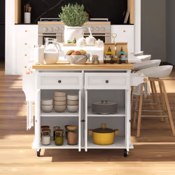HOMCOM Rolling Kitchen Island Cart with Rubber Wood Top, Spices Cream White - Additional view 7