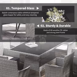 Outsunny Rattan Dining Set for 6 with Cushions, Glass Top Table - Additional view 5