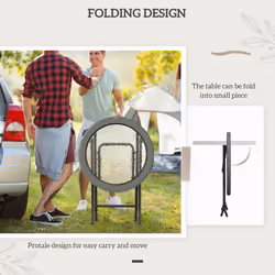 Outsunny Folding Round Tempered Glass Metal Table with Grey Rattan Edging