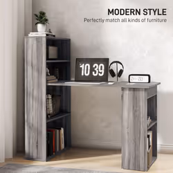 HOMCOM 120cm Computer Desk Bookshelf Writing Table 6 Shelves Grey