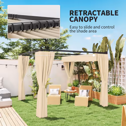 Outsunny 3 x 3(m) Pergola with Retractable Roof and Curtains, Khaki - Additional view 5