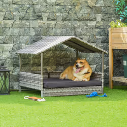 PawHut Wicker Dog House, Rattan Pet Bed with Soft Cushion- Dark Grey