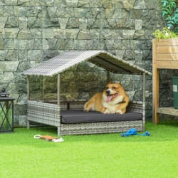 PawHut Wicker Dog House, Rattan Pet Bed with Soft Cushion- Dark Grey