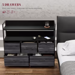 HOMCOM Bedroom Chest of Drawers 5 Drawer Dresser w/ Shelves, Black