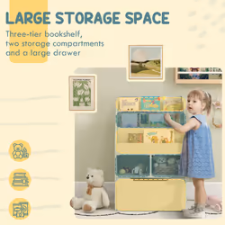 HOMCOM Kids Bookcase, Toy Box w/ Storage Drawer, Wheels for Bedroom - Green - Additional view 3