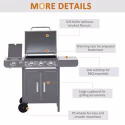 Outsunny Gas Barbecue Grill 3+1 Burner Garden BBQ w/ Large Cooking Area - Additional view 6