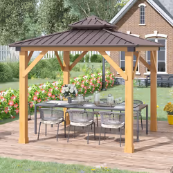 Outsunny 3x(3)M Double-Tier Hardtop Gazebo, Outdoor Patio Shelter, Brown