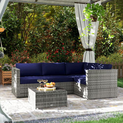 Outsunny 3Pcs Rattan Corner Sofa Set with Coffee Table, Cushion, Blue