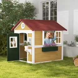 Outsunny Wooden Playhouse with Doors, Wooden, Plant Pots for Kids - Beige
