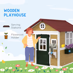 Outsunny Wooden Playhouse with Doors, Wooden, Plant Pots for Kids - Beige