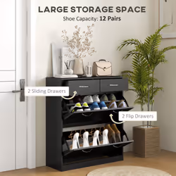 HOMCOM Slim Shoe Cabinet with 2 Flip Drawers for 12 Pairs of Shoes Black