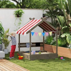 Outsunny Sand Pit with Canopy, Blackboard, Toys, Sink, Seats, Flags for Kids