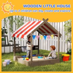Outsunny Sand Pit with Canopy, Blackboard, Toys, Sink, Seats, Flags for Kids