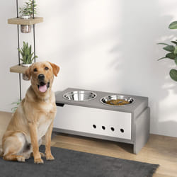 PawHut Height Adjustable Dog Feeding Storage w/ 2 Stainless Steel Bowls