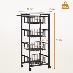 HOMCOM 4-Tier Kitchen Island on Wheels with 4 Pull-Out Baskets, Light Grey