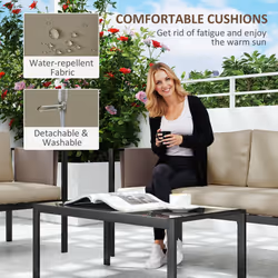 Outsunny 4 Piece Garden Sofa Set w/ Tempered Glass Coffee Table Khaki - Additional view 4
