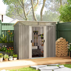 Outsunny 6.5x4FT Garden Shed Lockable Metal Tool Shed Light Grey Wood Effect