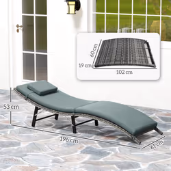 Outsunny Folding Rattan Sun Lounger with Cushion and Pillow, Mixed Grey