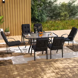 Outsunny 7 PCs Garden Dining Set w/ Umbrella Hole & Cushion, Black