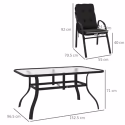 Outsunny 7 PCs Garden Dining Set w/ Umbrella Hole & Cushion, Black