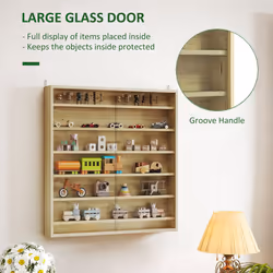 HOMCOM 7-Tier Wall Display Cabinet w/ Shelves Glass Doors, Oak - Additional view 4