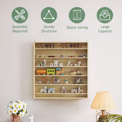 HOMCOM 7-Tier Wall Display Cabinet w/ Shelves Glass Doors, Oak - Additional view 5