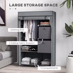HOMCOM Fabric Portable Wardrobe with 2 Fabric Drawers, Hanging Rail, Grey