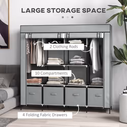 HOMCOM Fabric Wardrobe w/ 12 Shelves 2 Hanging Rails Foldable Closets