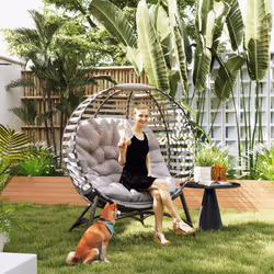 Outsunny Egg Chair w/ Cushion Steel Frame and Side Pocket, Light Grey