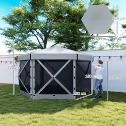 Outsunny 3 x 3(m) Hexagon Pop Up Gazebo with 5 Sides, Netting, Light Grey