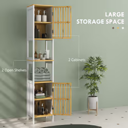 HOMCOM Tall Bathroom Cabinet Bamboo Bathroom Cupboard with Adjustable Shelves