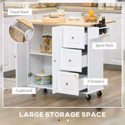 HOMCOM Kitchen Island on Wheels, Kitchen Cart with Drop Leaf, White