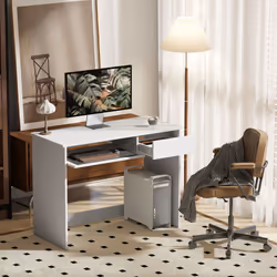 HOMCOM Compact Computer Table with Keyboard Tray and Drawer - White