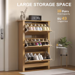 HOMCOM 18-Shoe Storage Cabinet 6 Shelves 3 Drawers Natural Wood Finish