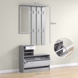 HOMCOM Hallway Furniture Set with Shoe Cabinet, Coat Rack and Mirror, Grey