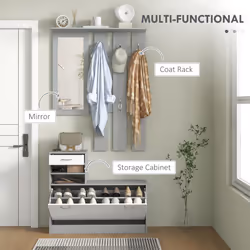 HOMCOM Hallway Furniture Set with Shoe Cabinet, Coat Rack and Mirror, Grey