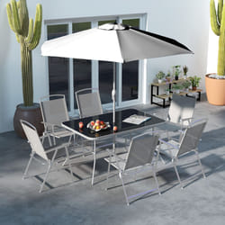 Outsunny 8 Pcs Garden Table and Chairs with Parasol Tempered Glass Top Grey