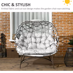 Outsunny 2 Seater Egg Chair Outdoor with Cushion, Cup Pockets - Light Grey