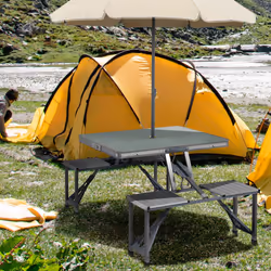 Outsunny Folding Camping Picnic Table with 4 Seats and Umbrella Hole, Grey