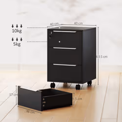 HOMCOM Modern 3-Drawer Locking File Cabinet Mobile Filing Cabinet - Black