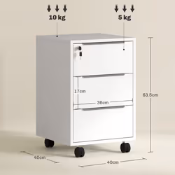 HOMCOM Modern 3-Drawer Locking File Cabinet Mobile Filing Cabinet - White