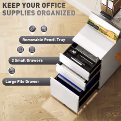 Vinsetto Steel File Cabinet with Lock and Wheels for Home Office, White
