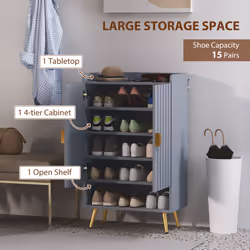 HOMCOM Shoe Cabinet with Beadboard Doors for 15 Pairs of Shoes, Light Grey